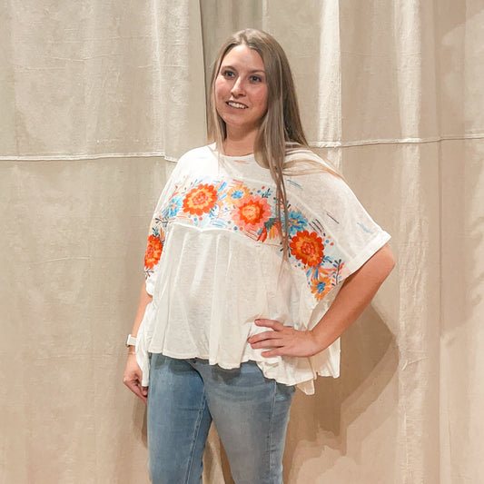 Embroidered Flower Breezy Top