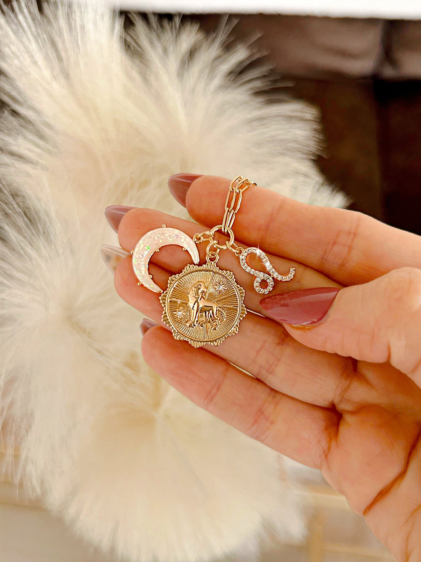 PRE - ORDER 3 Charm Zodiac & Moon Cubic Zirconia Pendant Necklace - Girl Code Couture