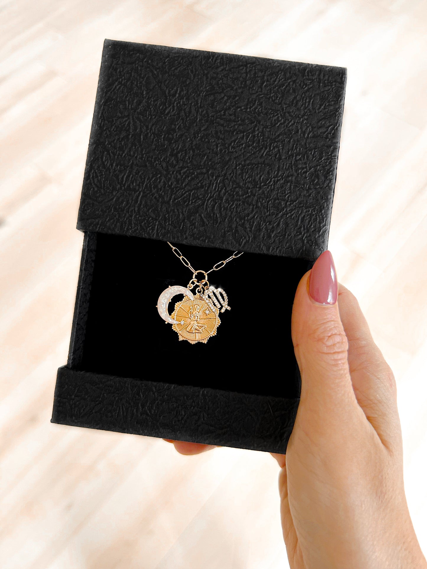 PRE - ORDER 3 Charm Zodiac & Moon Cubic Zirconia Pendant Necklace - Girl Code Couture