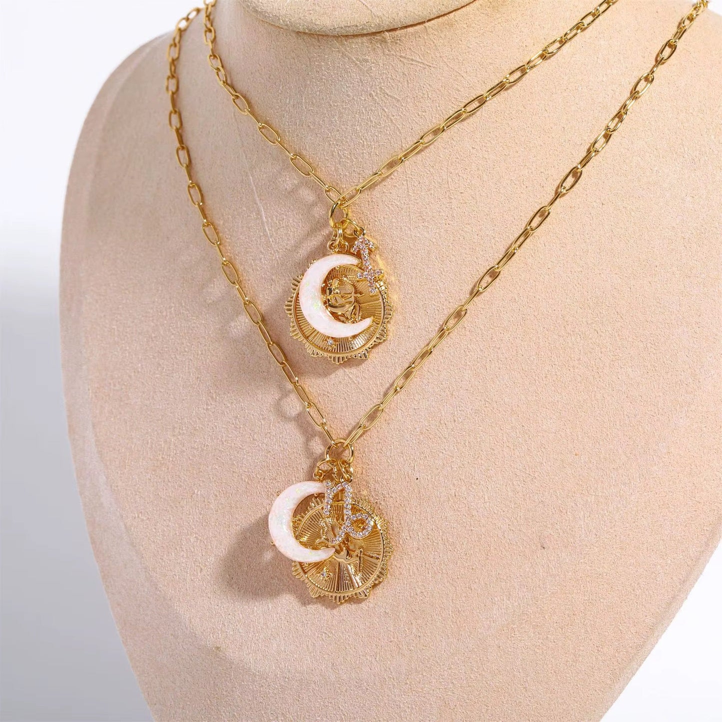 PRE - ORDER 3 Charm Zodiac & Moon Cubic Zirconia Pendant Necklace - Girl Code Couture