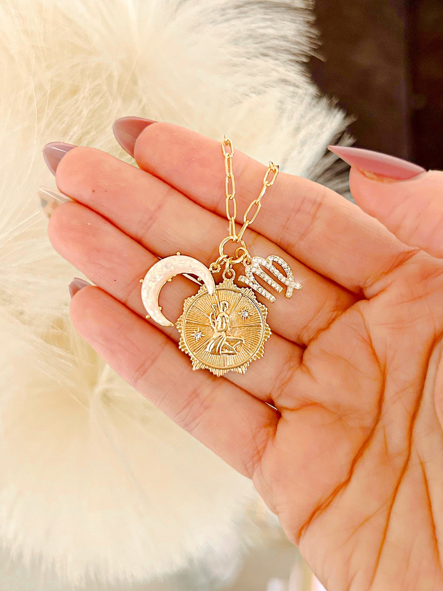 PRE - ORDER 3 Charm Zodiac & Moon Cubic Zirconia Pendant Necklace - Girl Code Couture