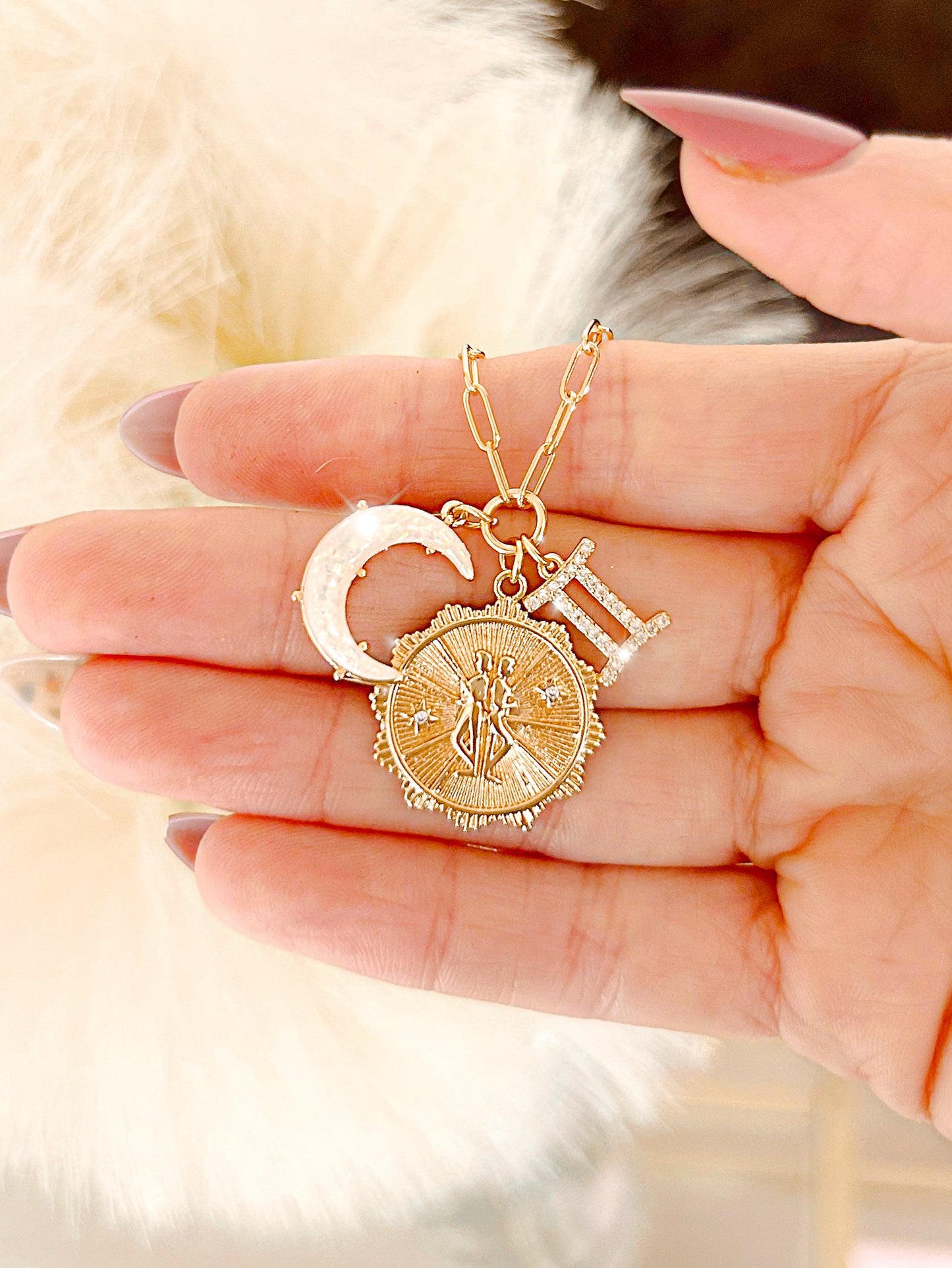 PRE - ORDER 3 Charm Zodiac & Moon Cubic Zirconia Pendant Necklace - Girl Code Couture