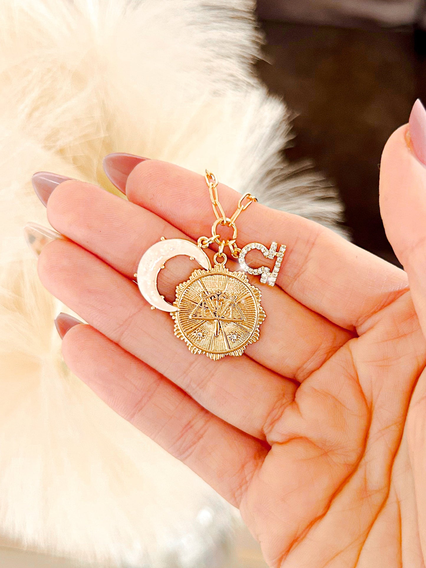 PRE - ORDER 3 Charm Zodiac & Moon Cubic Zirconia Pendant Necklace - Girl Code Couture