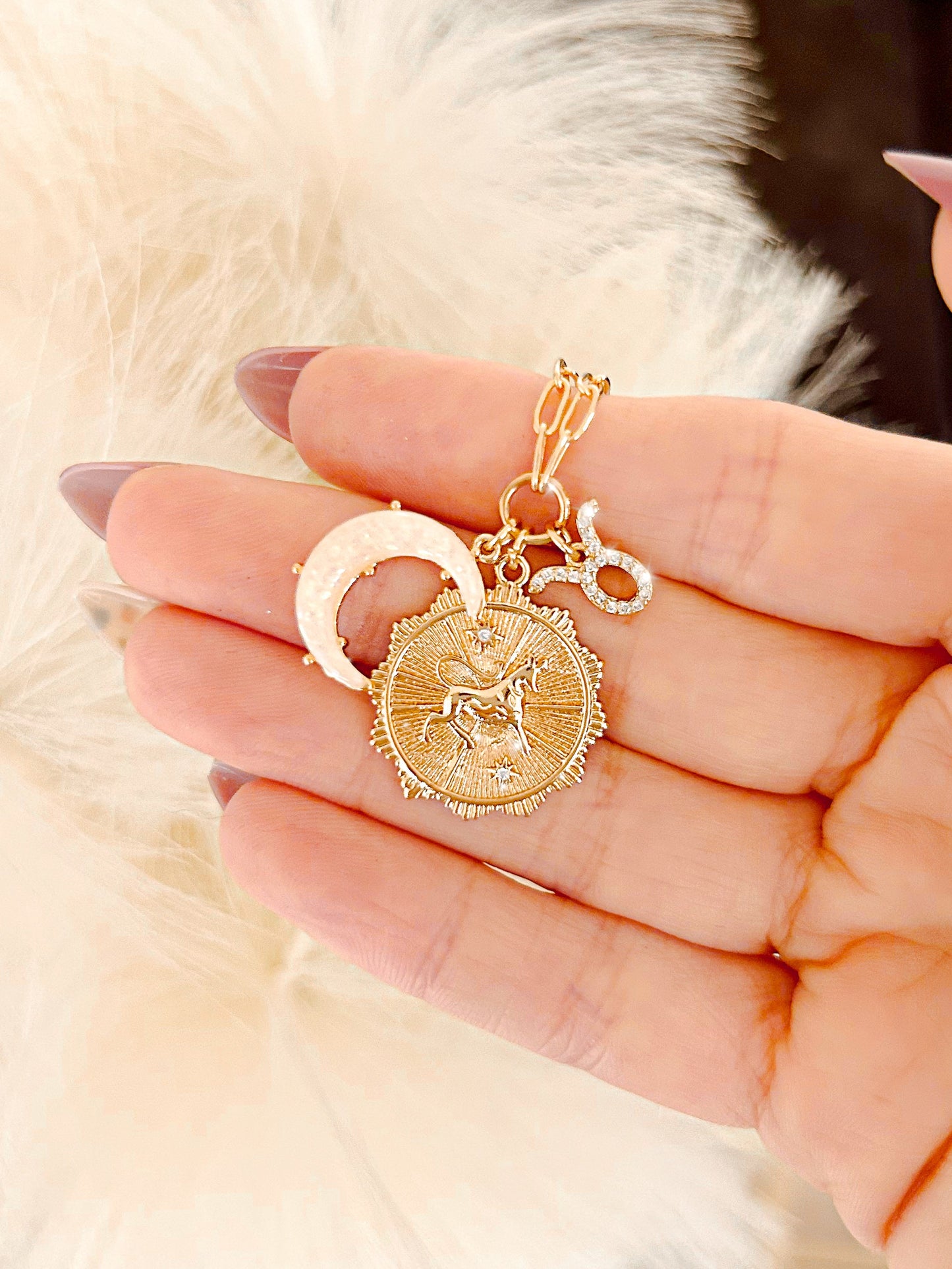 PRE - ORDER 3 Charm Zodiac & Moon Cubic Zirconia Pendant Necklace - Girl Code Couture