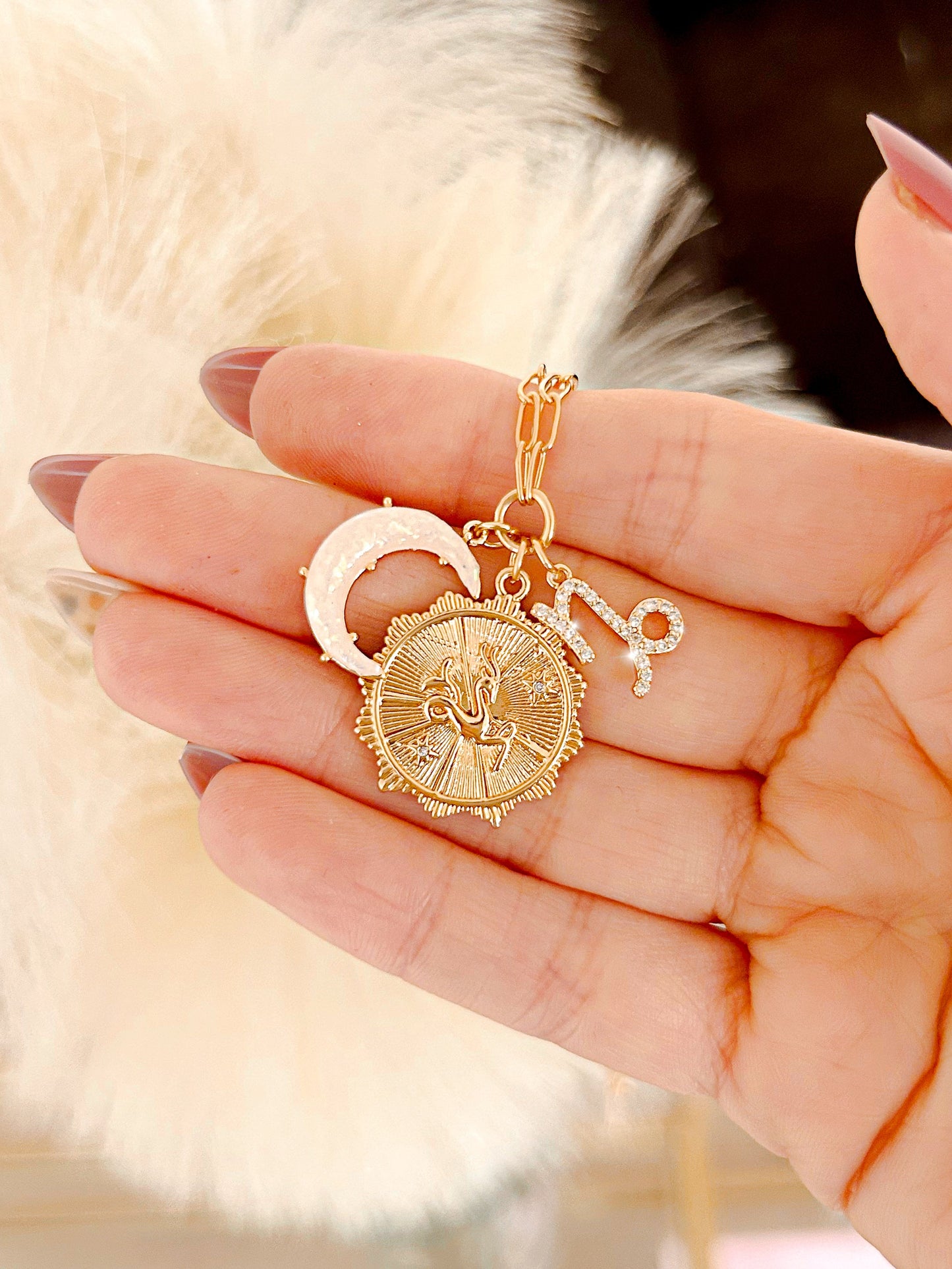 PRE - ORDER 3 Charm Zodiac & Moon Cubic Zirconia Pendant Necklace - Girl Code Couture
