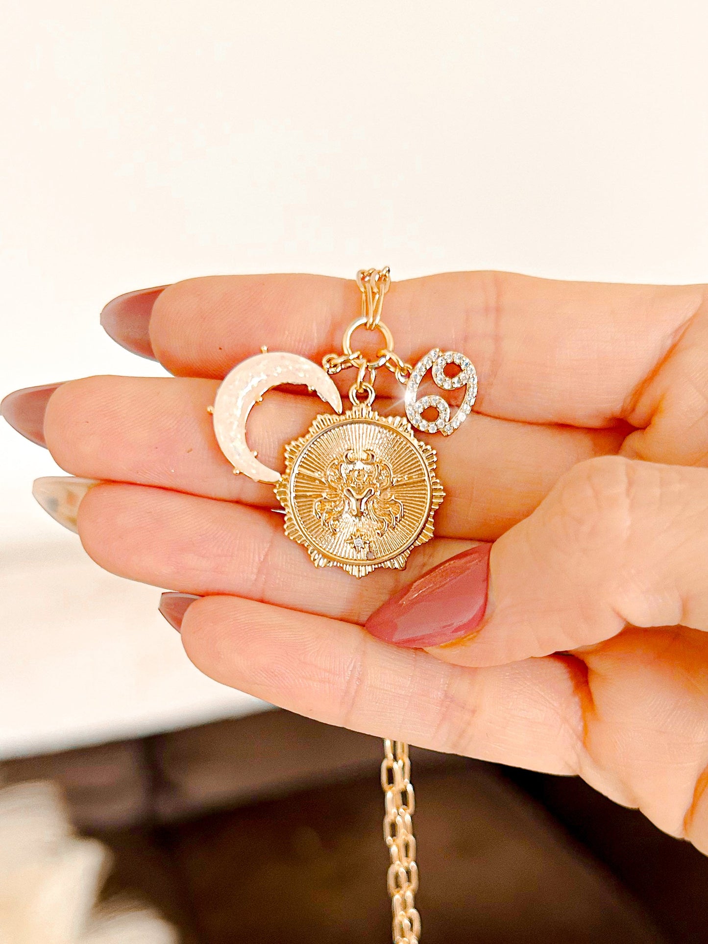 PRE - ORDER 3 Charm Zodiac & Moon Cubic Zirconia Pendant Necklace - Girl Code Couture