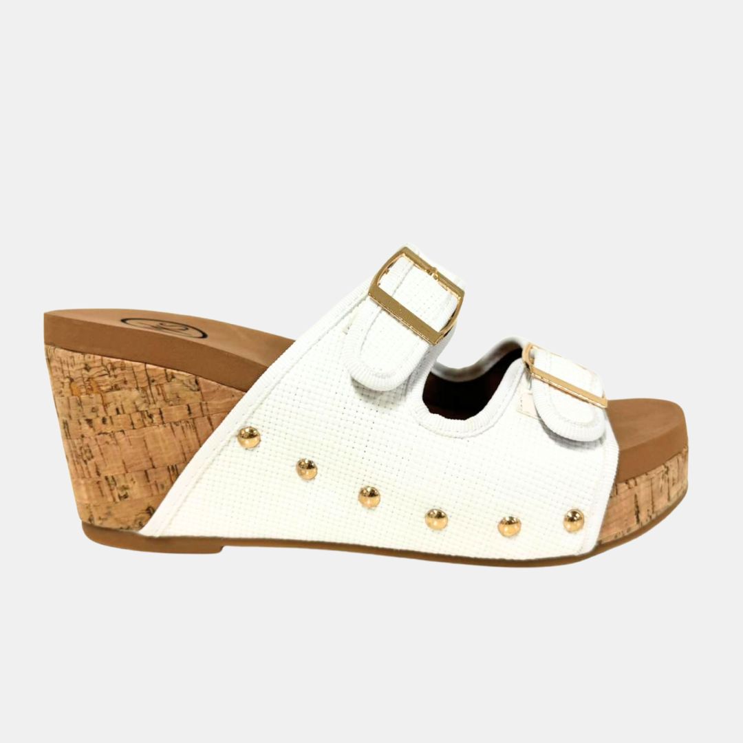 Cade Raffia Wedge Sandal – Double Buckle, Cork Heel, 3 Colors