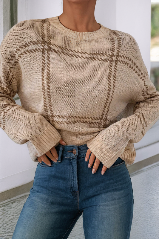 Plaid Pattern Knitted Drop Shoulder Sweater