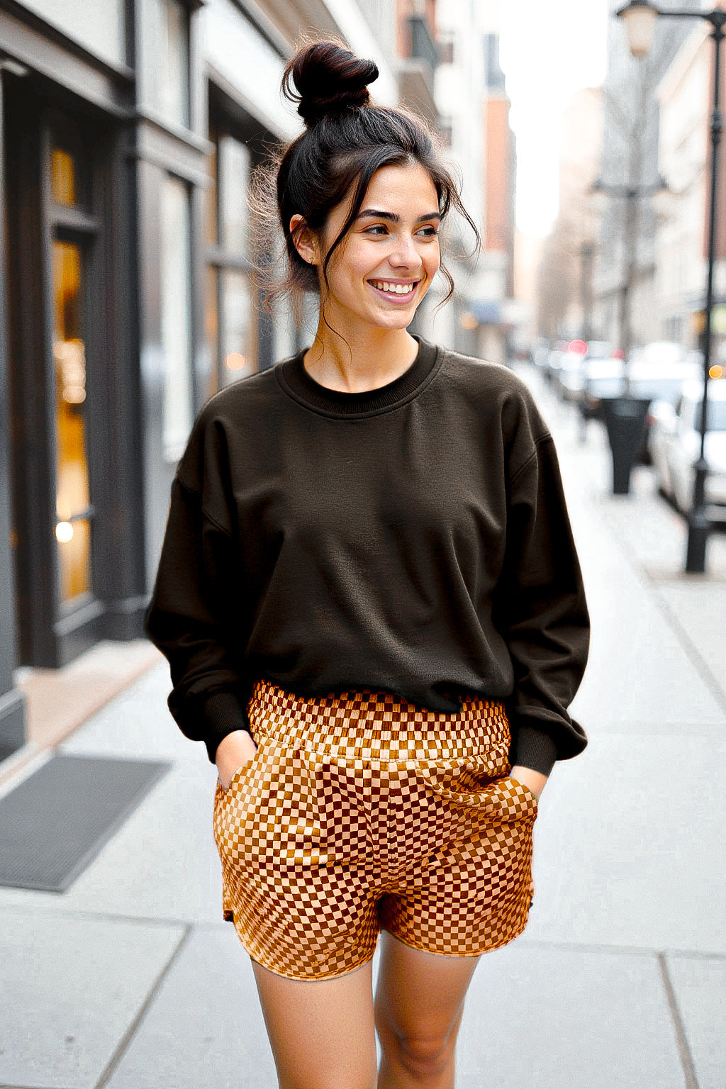 Checkered Tummy Control Athletic Shorts with Pockets - Girl Code Couture