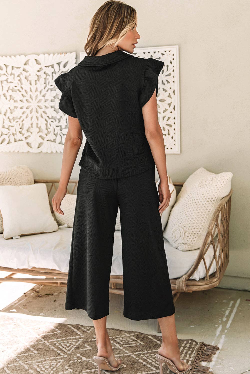 Textured Flutter Sleeve Top Wide Leg Pants Set- Black