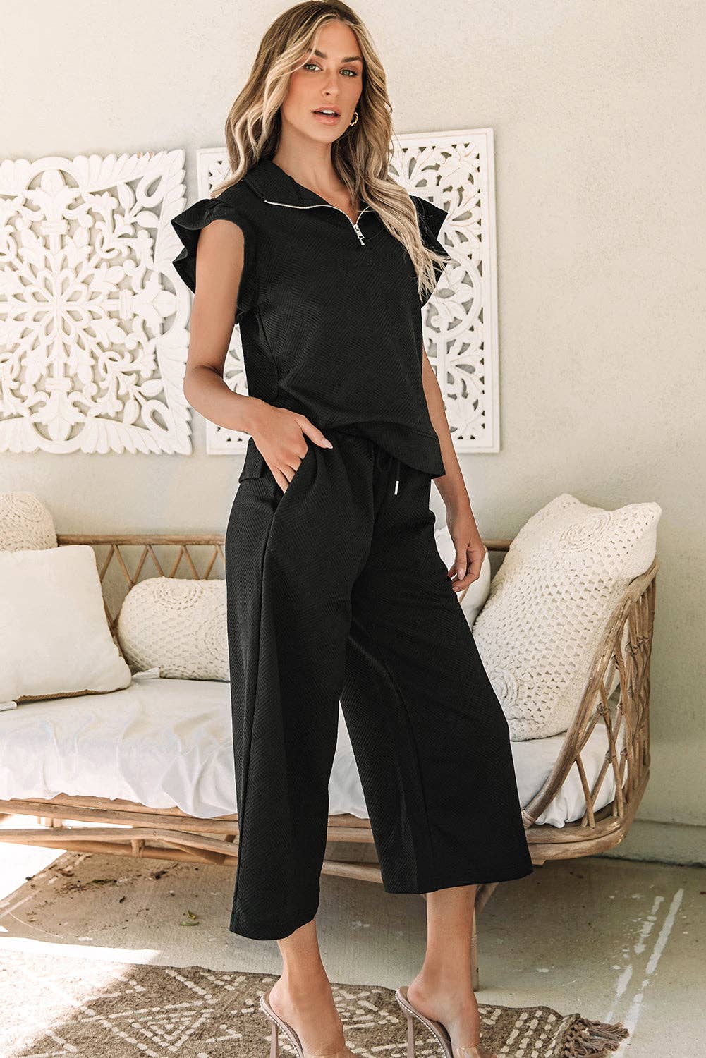 Textured Flutter Sleeve Top Wide Leg Pants Set- Black