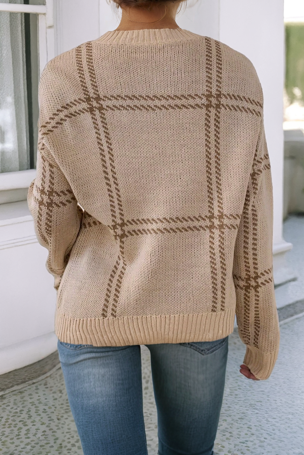 Plaid Pattern Knitted Drop Shoulder Sweater