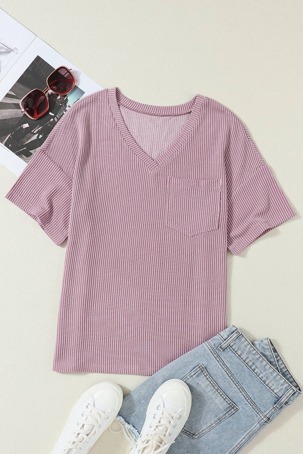 V Neck Chest Pocket Loose T-shirt