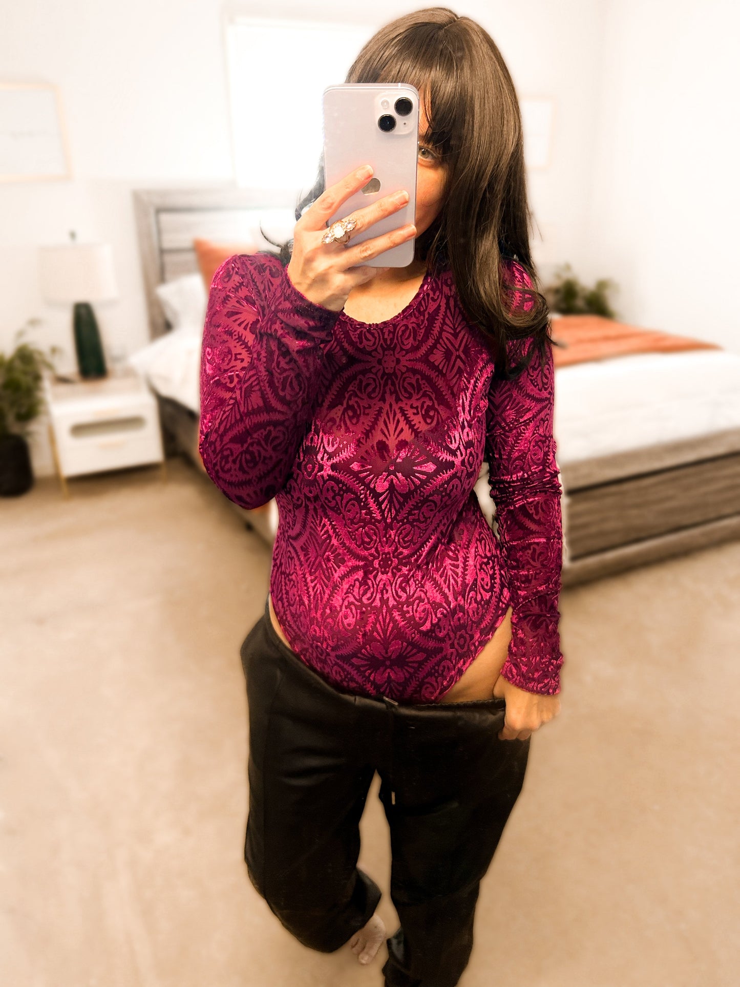 Micha Mesh & Velvet Crewneck Bodysuit