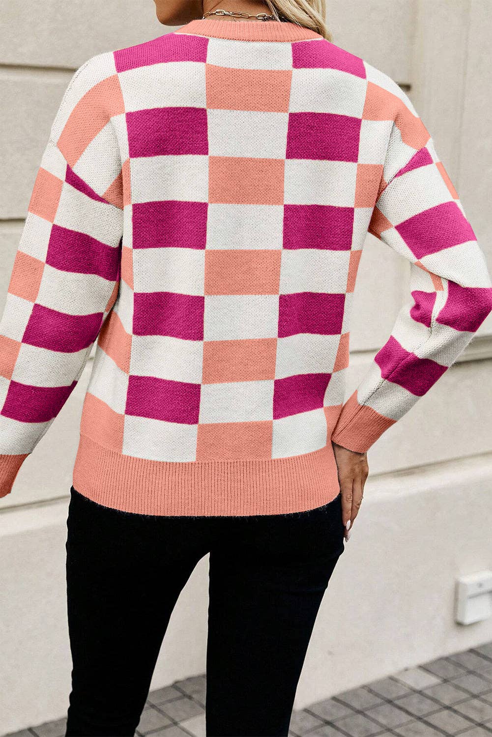 Pink Checker Ribbed Trim Sweater