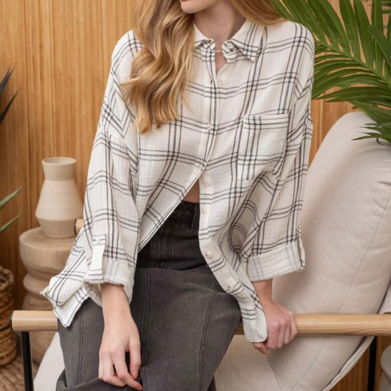 Muslin Plaid Button Top