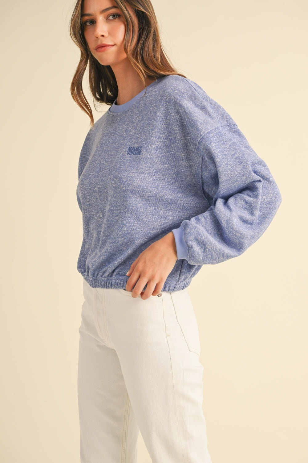 Mable Round Neck Letter Embroidery Crop Sweatshirt