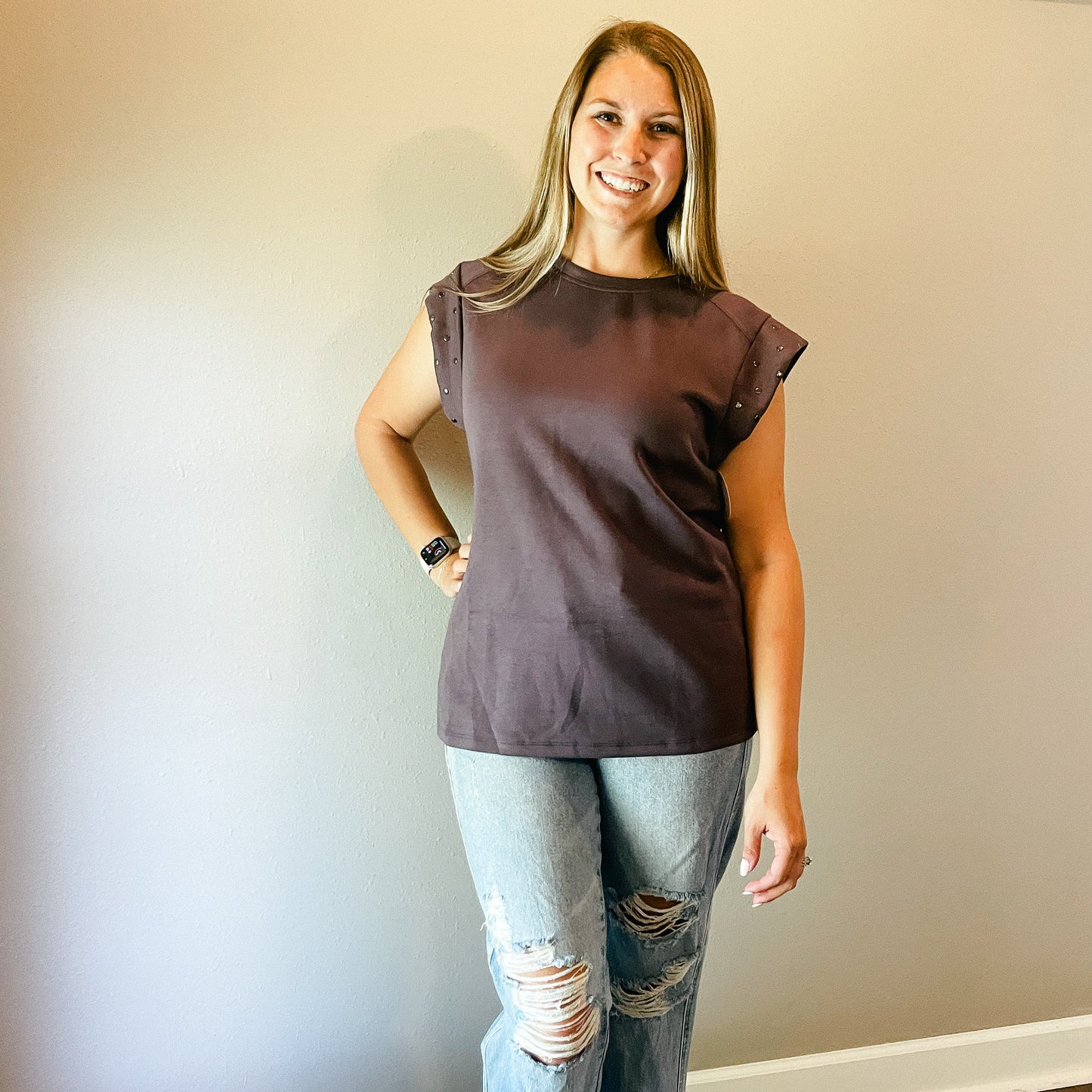 Studded Short Sleeve Top- Dark Grey