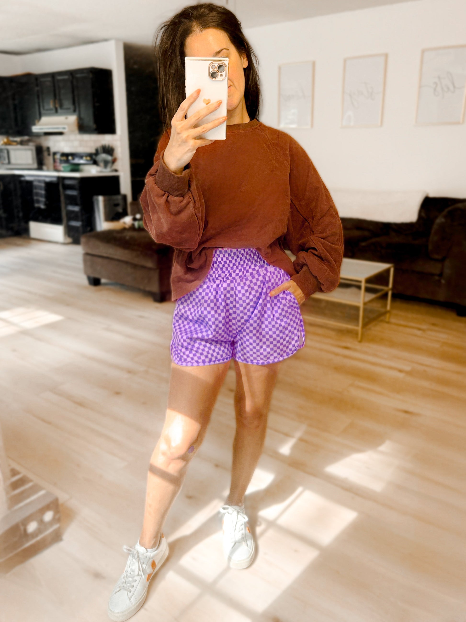 Checkered Tummy Control Athletic Shorts with Pockets - Girl Code Couture