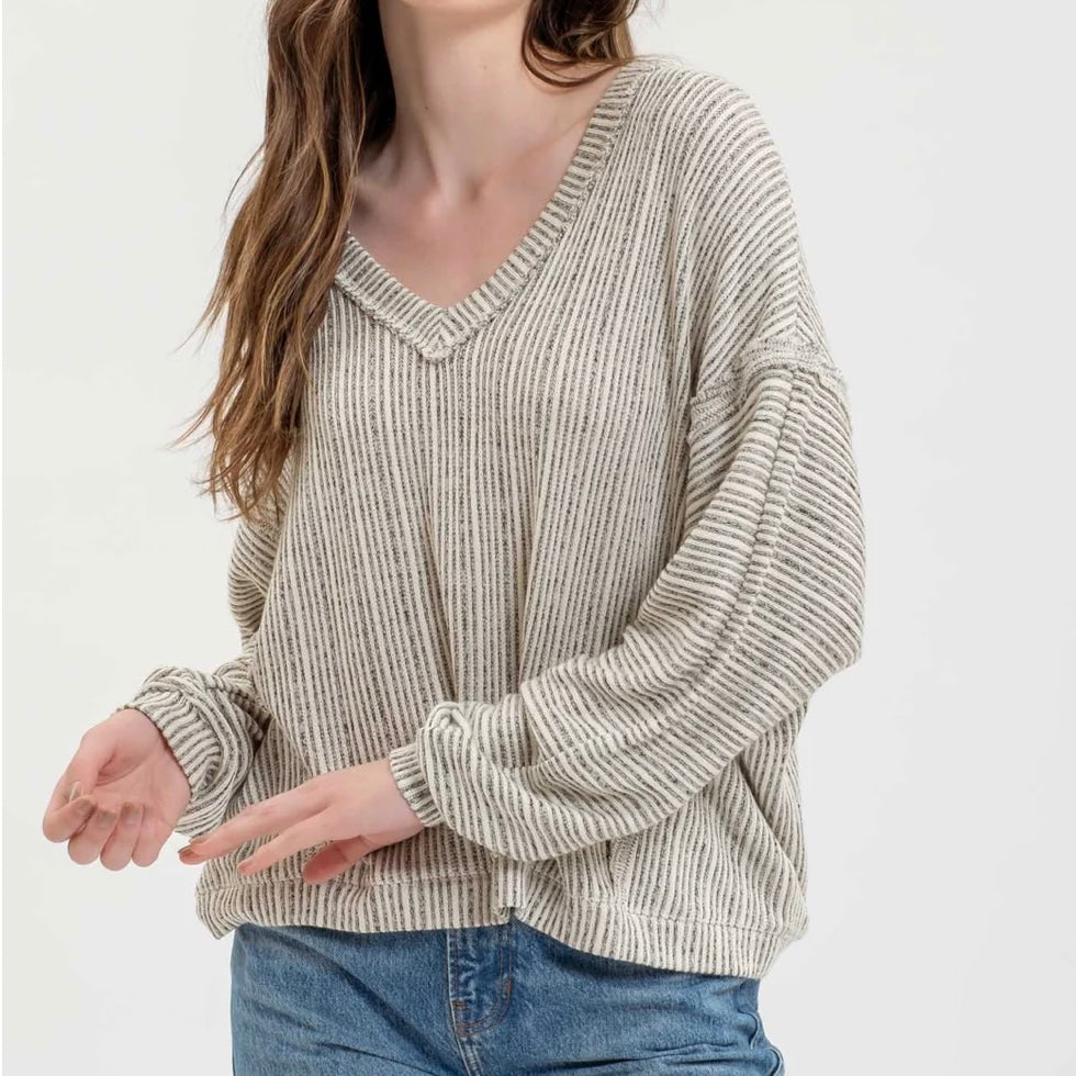 Striped Drop Shoulder V Neck Long Sleeve