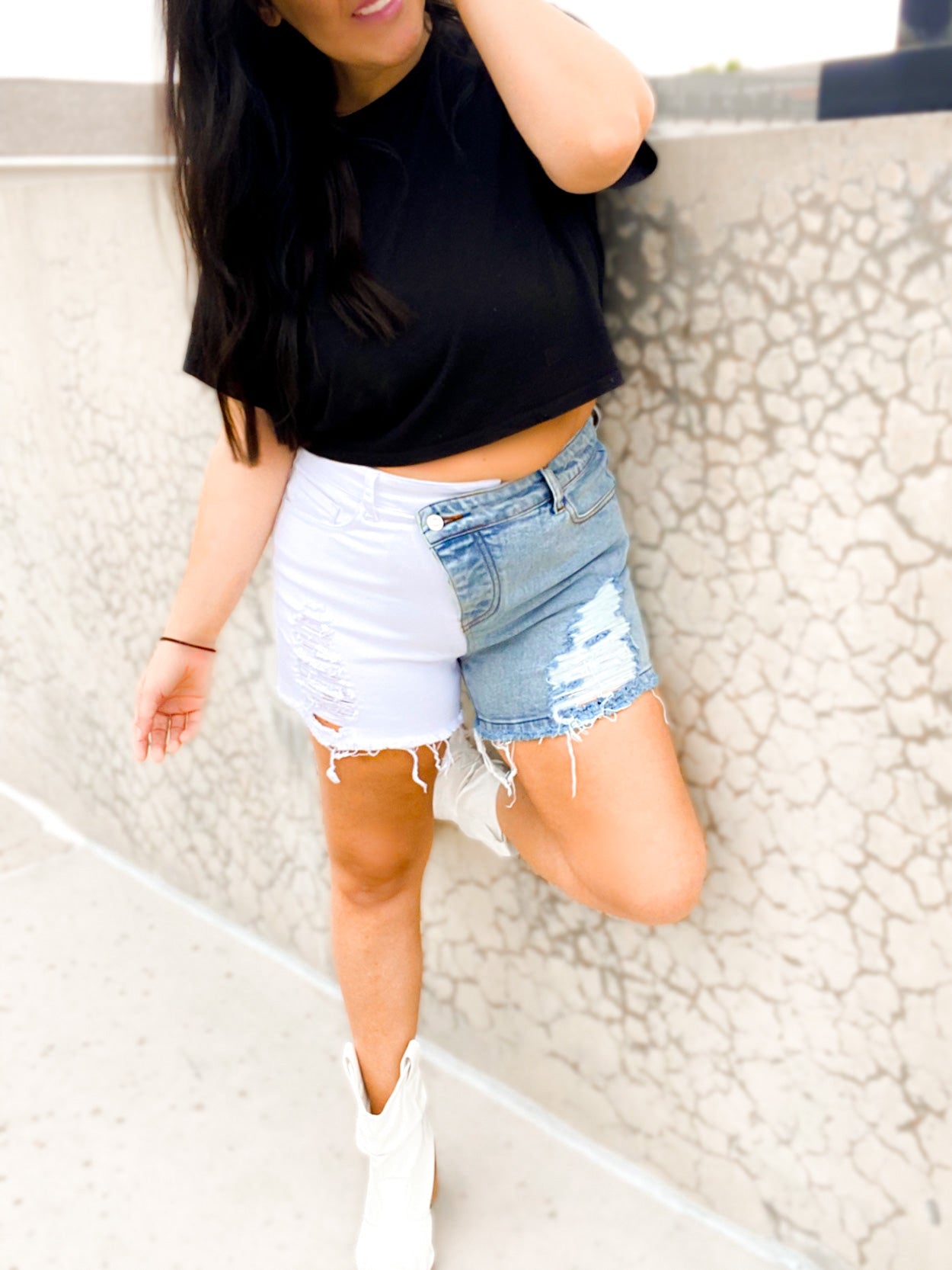 Callie Crossover Colorblock Denim Shorts