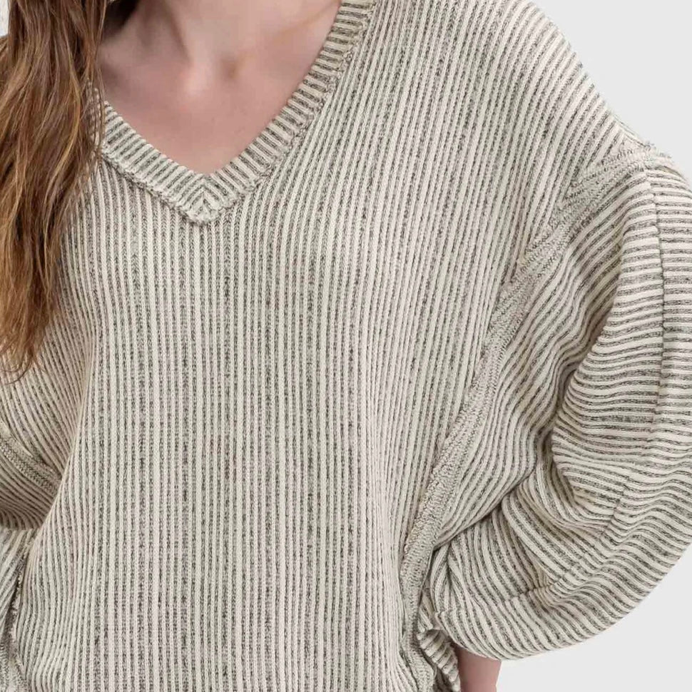 Striped Drop Shoulder V Neck Long Sleeve