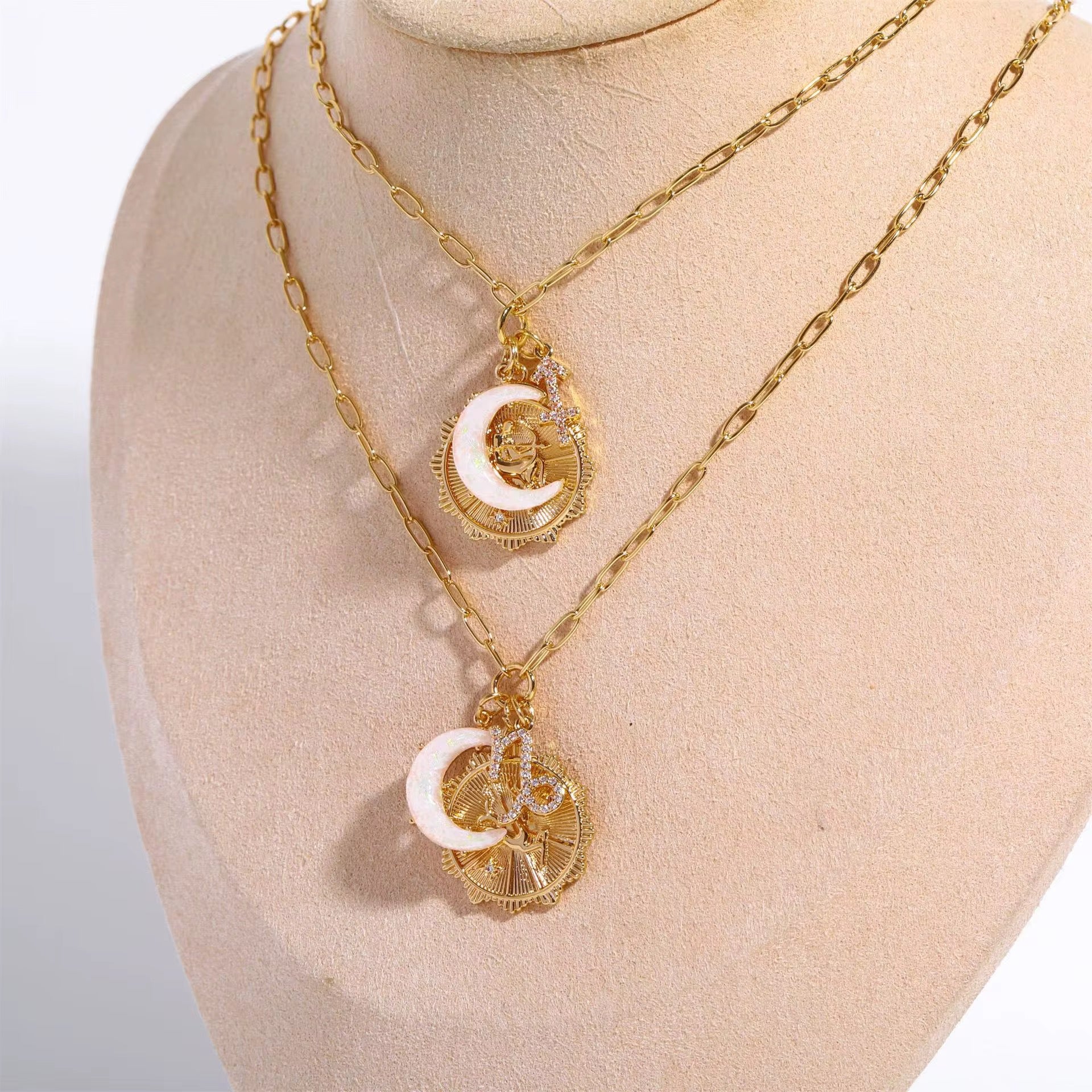 PRE - ORDER 3 Charm Zodiac & Moon Cubic Zirconia Pendant Necklace - Girl Code Couture
