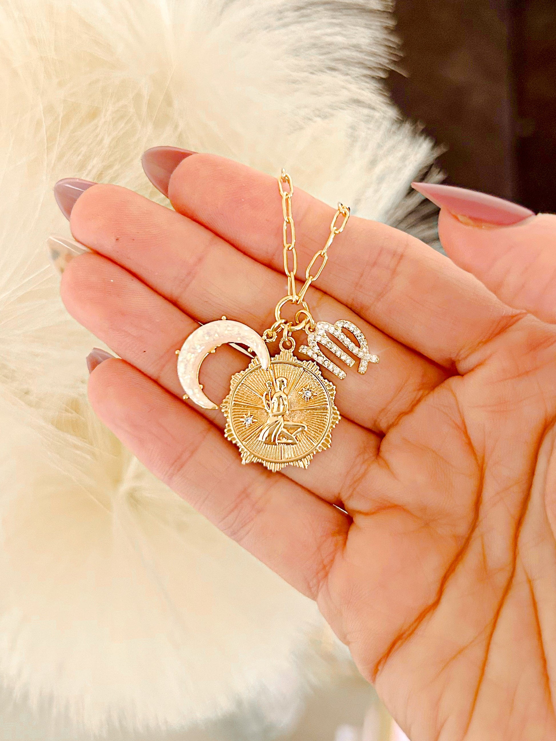 PRE - ORDER 3 Charm Zodiac & Moon Cubic Zirconia Pendant Necklace - Girl Code Couture