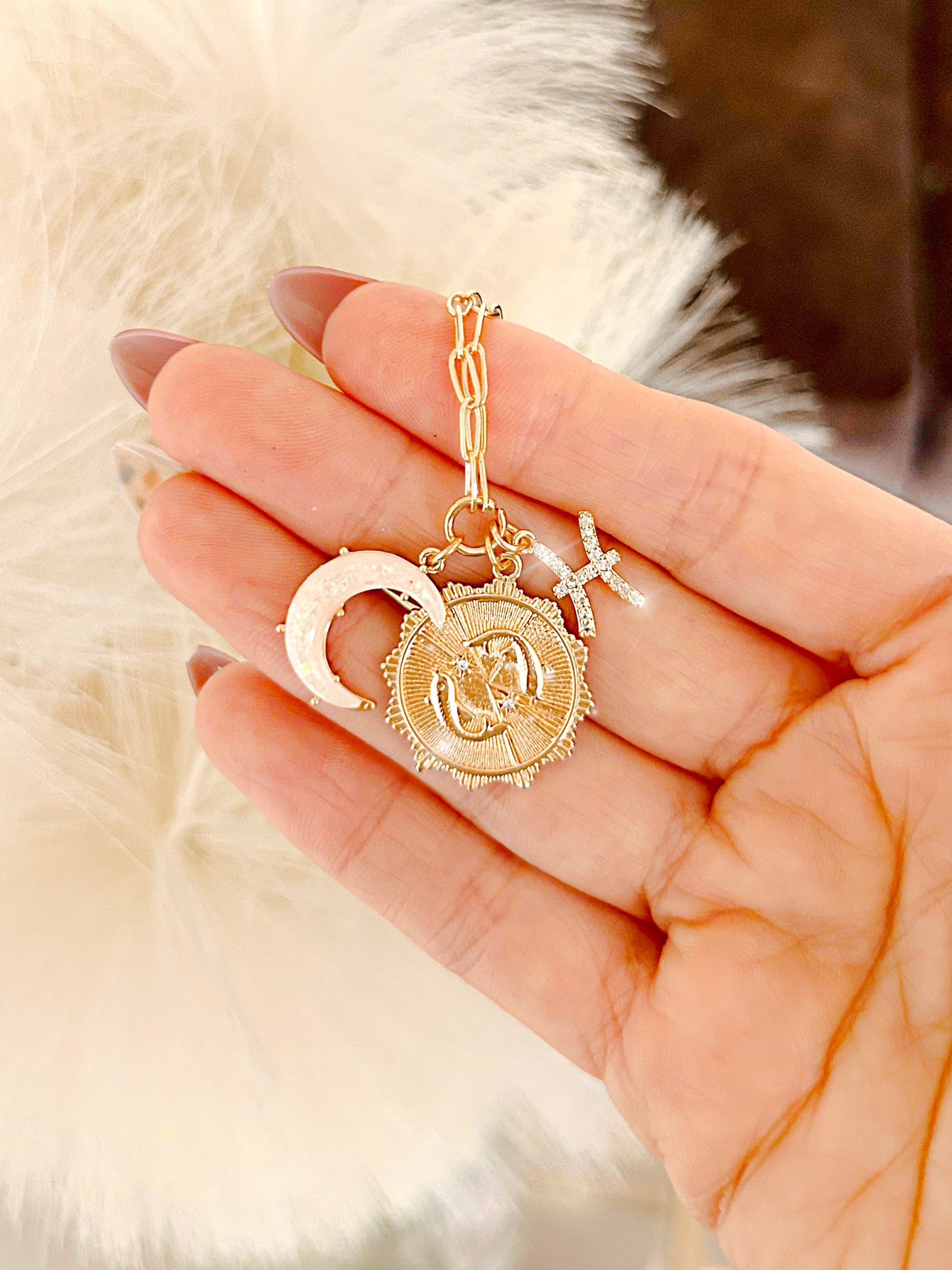 PRE - ORDER 3 Charm Zodiac & Moon Cubic Zirconia Pendant Necklace - Girl Code Couture