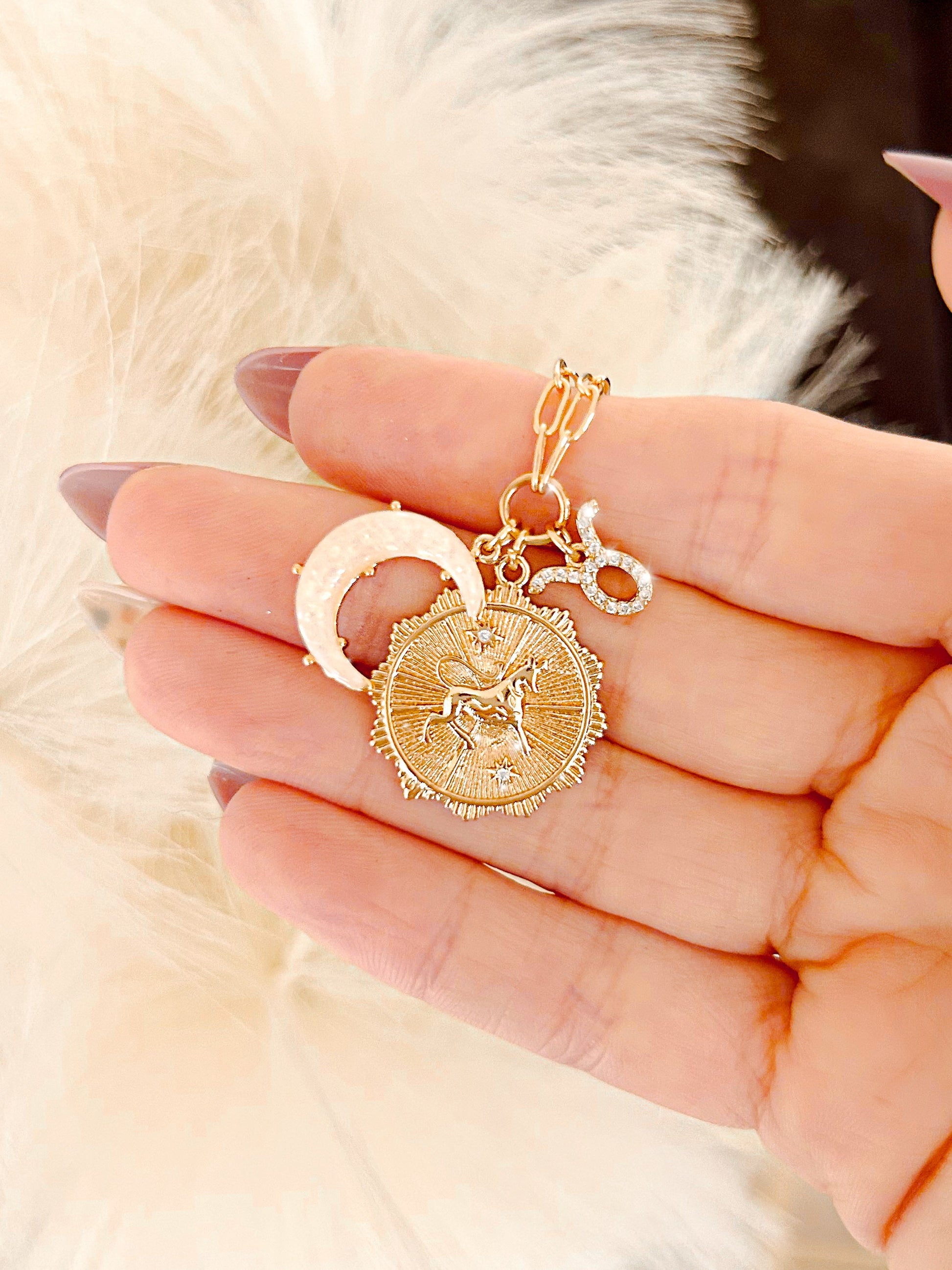 PRE - ORDER 3 Charm Zodiac & Moon Cubic Zirconia Pendant Necklace - Girl Code Couture