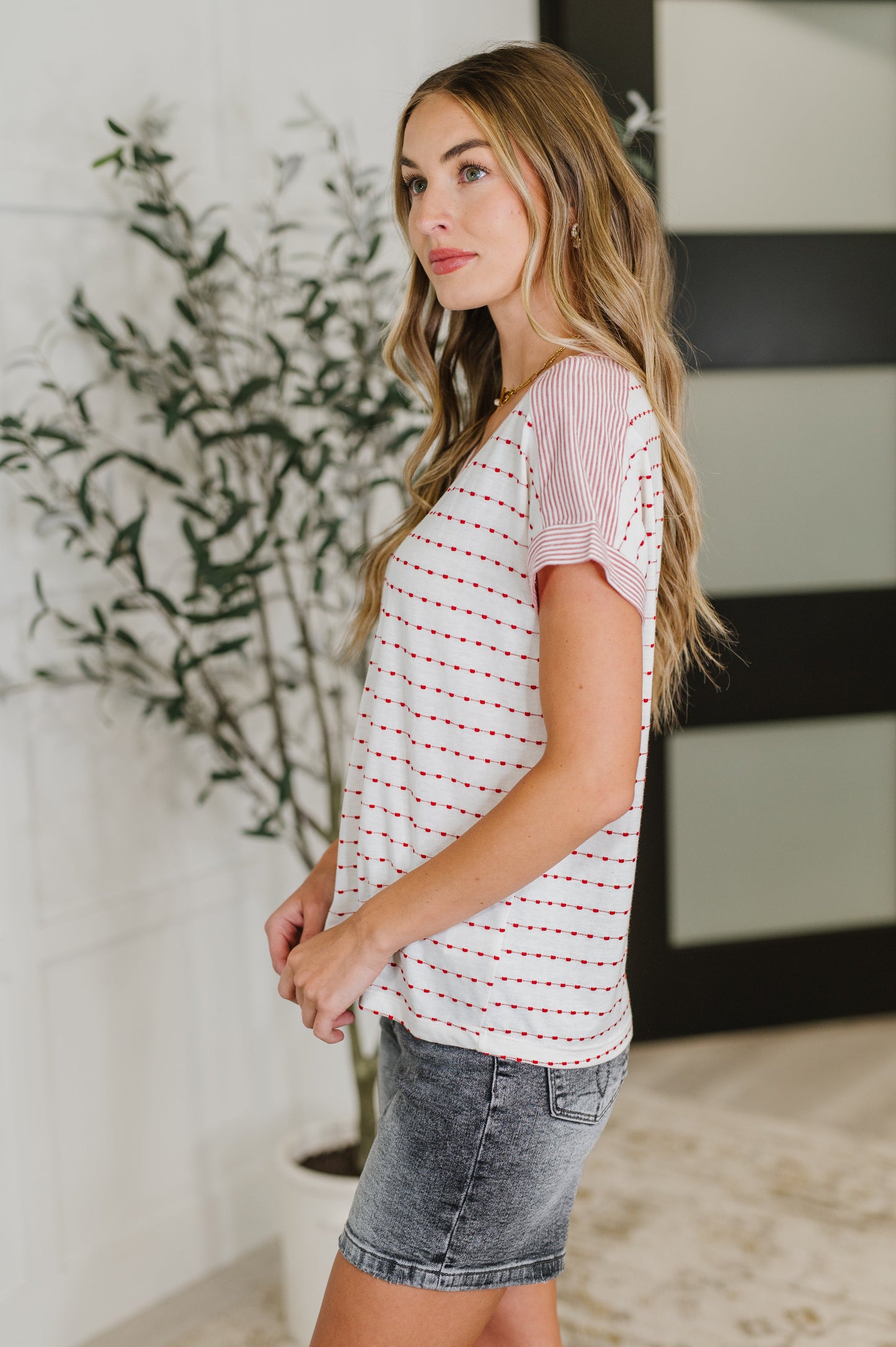 Stitched with Love V-Neck Top in Ivory and Red