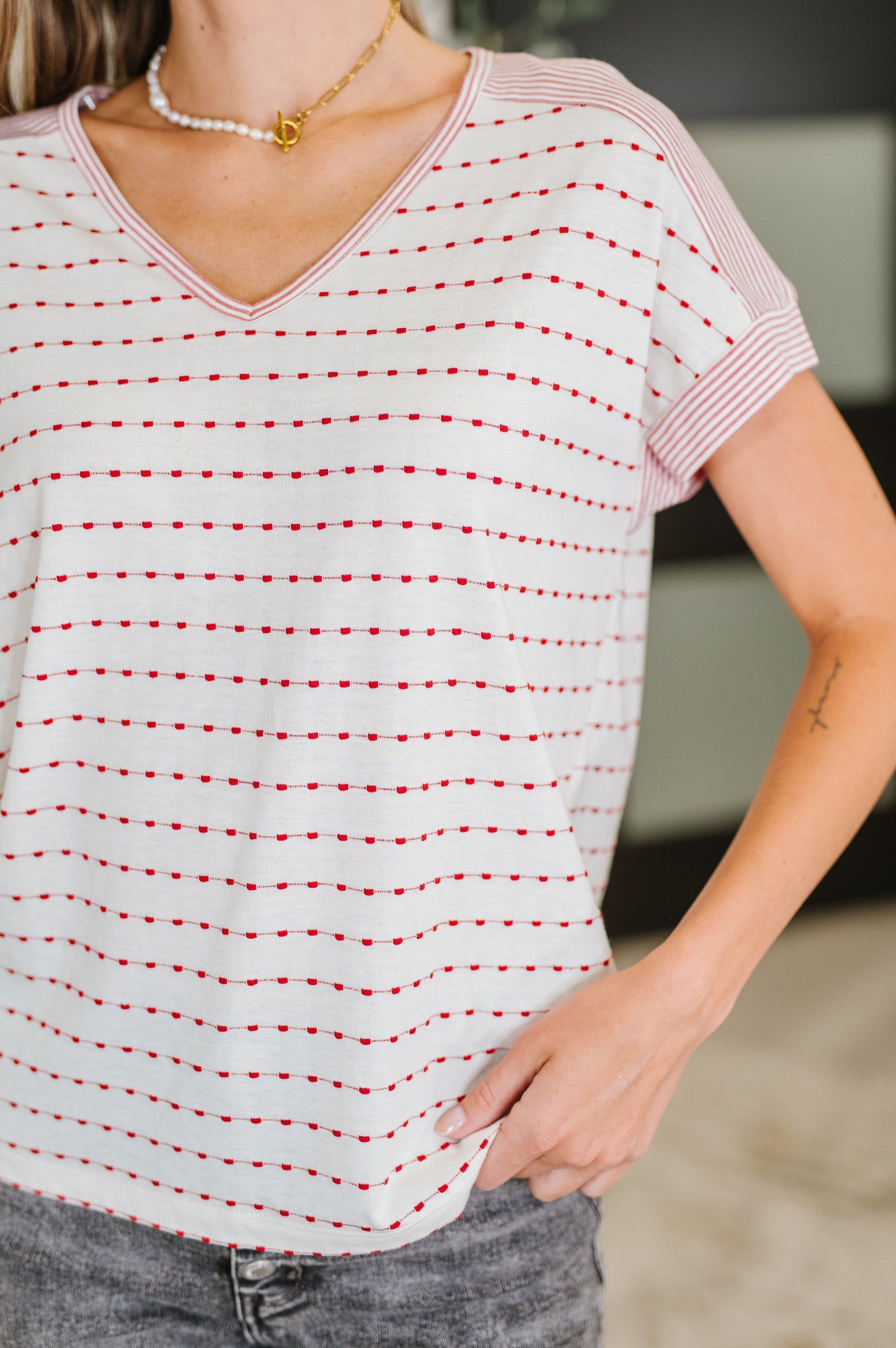 Stitched with Love V-Neck Top in Ivory and Red
