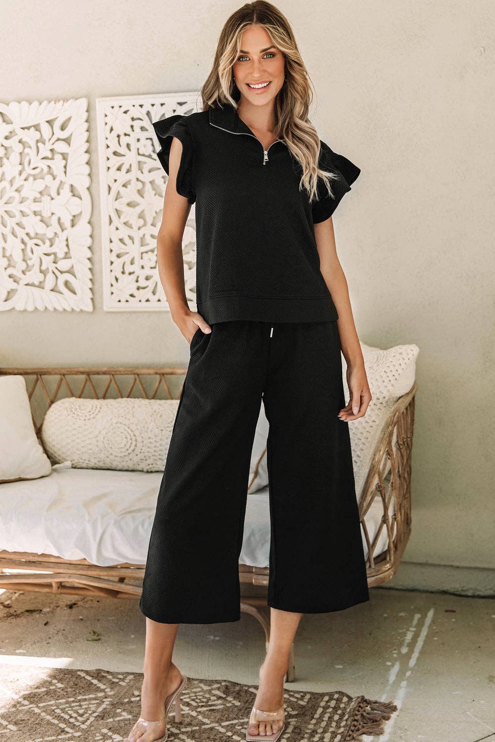 Textured Flutter Sleeve Top Wide Leg Pants Set- Black