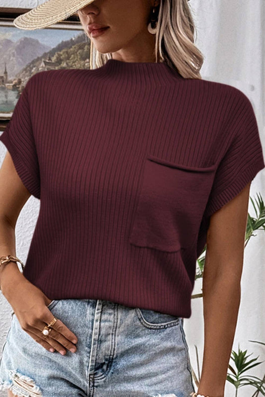 Patch Pocket Ribbed Knit Short Sleeve Sweater