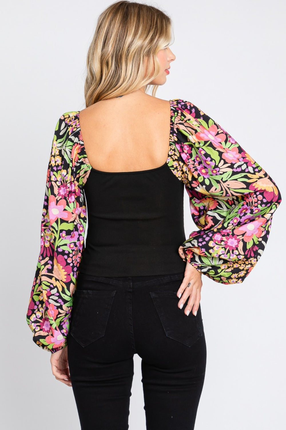 ODDI Full Size Floral Balloon Sleeve Blouse