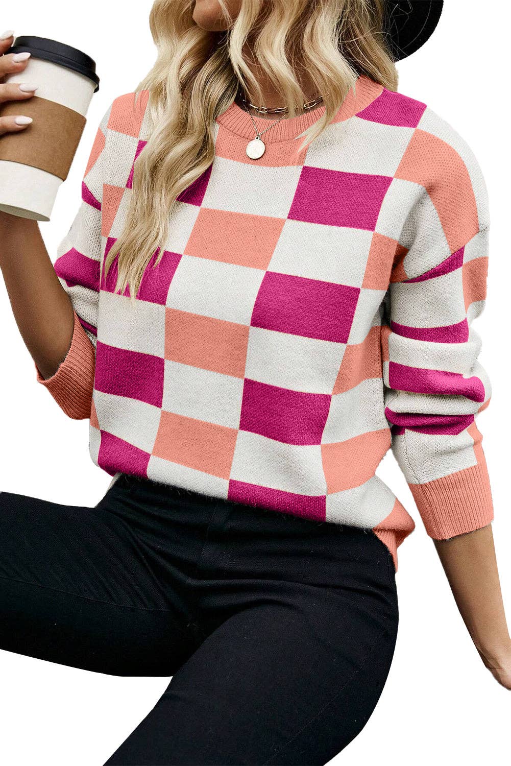 Pink Checker Ribbed Trim Sweater