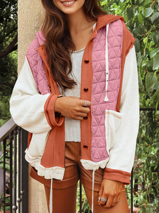 Quilted Textured Patchwork Loose Fit Hooded Jacket