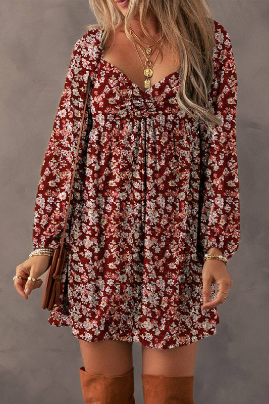 Burgundy Floral Sweetheart Neck Mini Dress