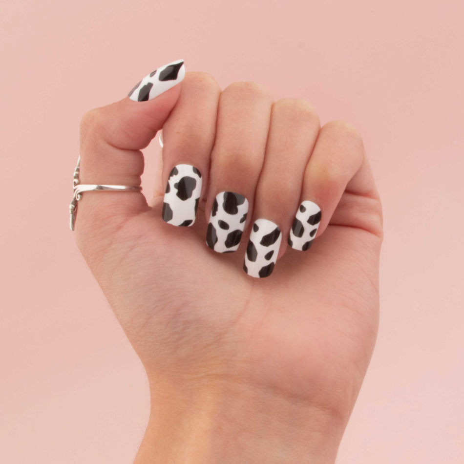 Cow print press on nails for at home manicure