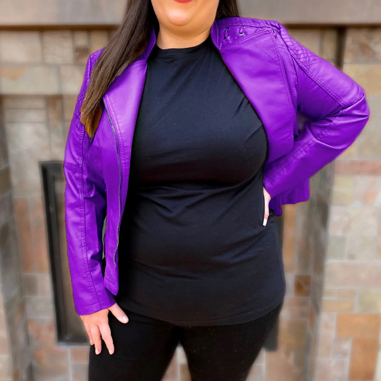 Vegan Leather. Quilted arm detail with lace up shoulders. Moto style sleeves. Diagonal Zippers. womens leather moto jacket vegan leather jacket colored blazer bright purple neon