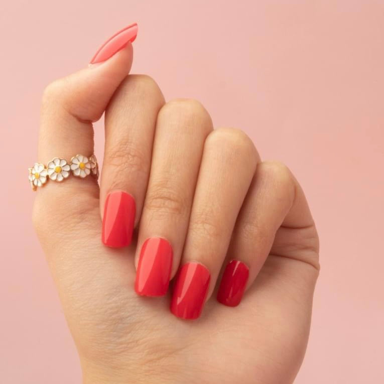 Bright coral red press on nails for salon manicure at home