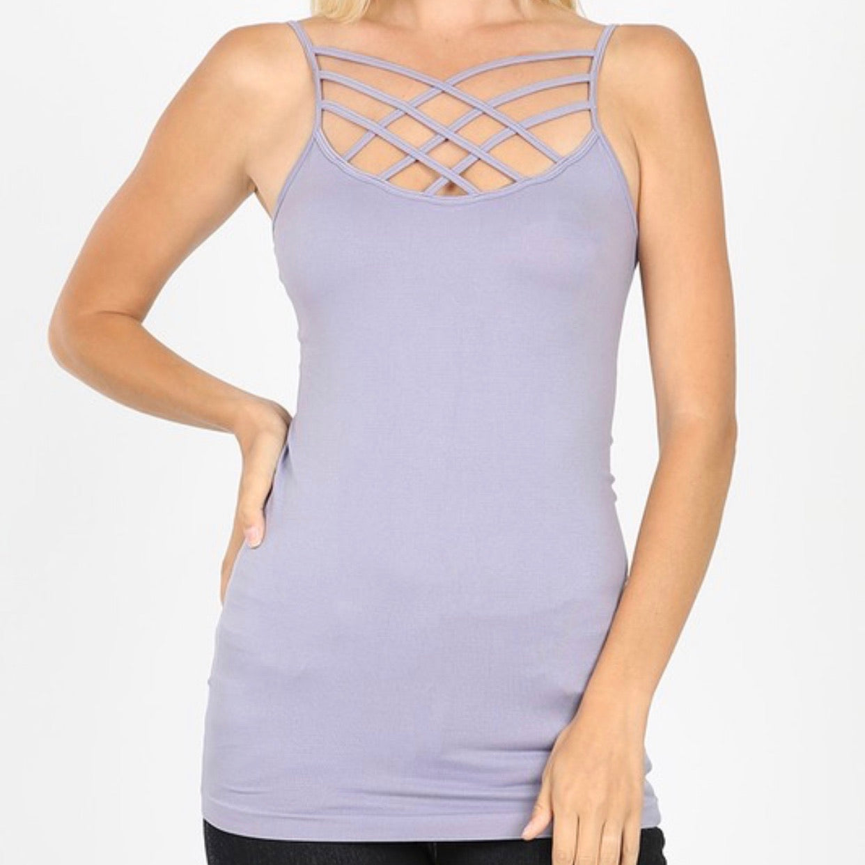 SEAMLESS TRIPLE CRISS-CROSS FRONT CAMI for women plus size stretch crop top undershirt layers lavender purple