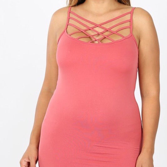 SEAMLESS TRIPLE CRISS-CROSS FRONT CAMI for women plus size stretch crop top undershirt layers pink