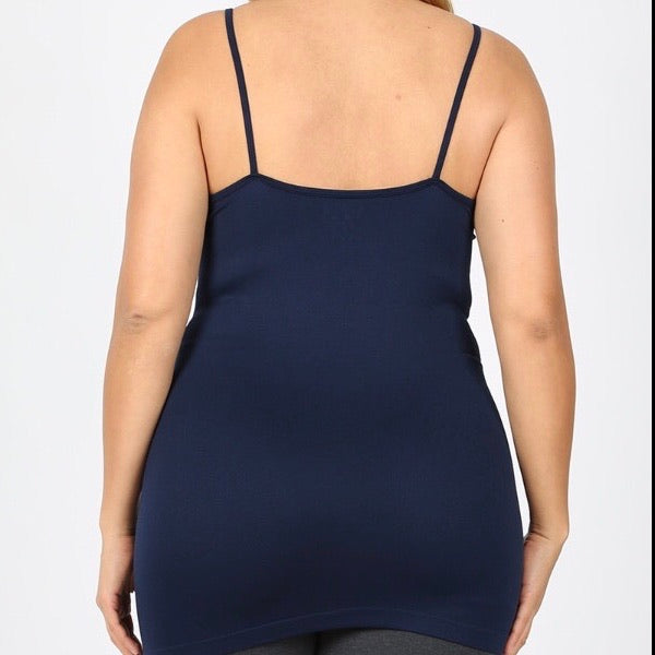 SEAMLESS TRIPLE CRISS-CROSS FRONT CAMI for women plus size stretch crop top undershirt layers navy back